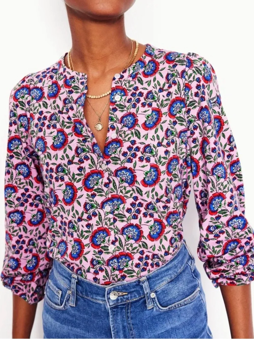Boden Pink Floral Long-Sleeve Top with Blue & Green Accents